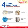 this image contains information about how to store flour in right way, then it also have 4 picture of four tips on how to stored the flour perfectly.