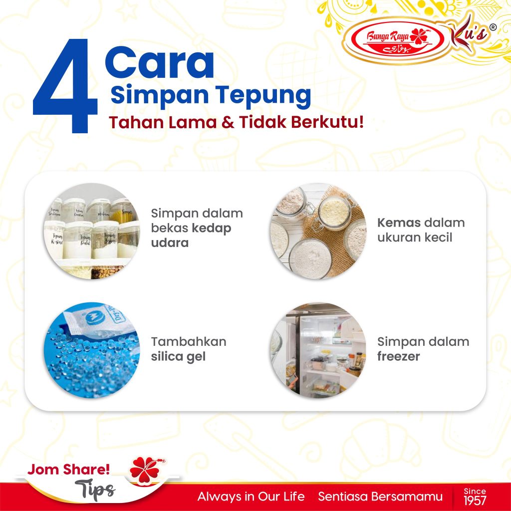this image contains information about how to store flour in right way, then it also have 4 picture of four tips on how to stored the flour perfectly.