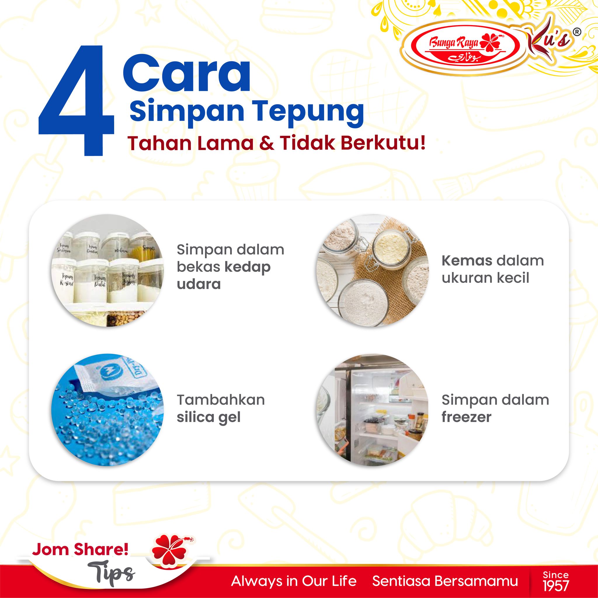 this image contains information about how to store flour in right way, then it also have 4 picture of four tips on how to stored the flour perfectly.