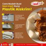 this picture contains information, it has the information on how to make nasi impit using ice cream plastic and have some image of nasi impit and sambal daging, and some image on how to use the plasti.