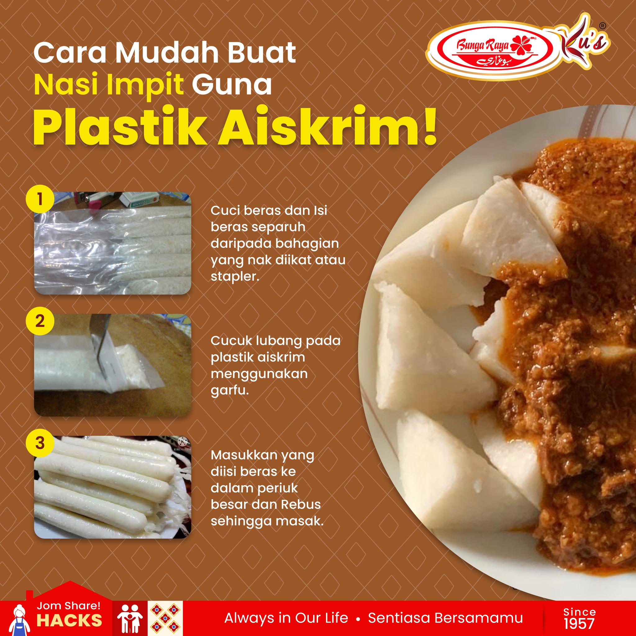 this picture contains information, it has the information on how to make nasi impit using ice cream plastic and have some image of nasi impit and sambal daging, and some image on how to use the plasti.