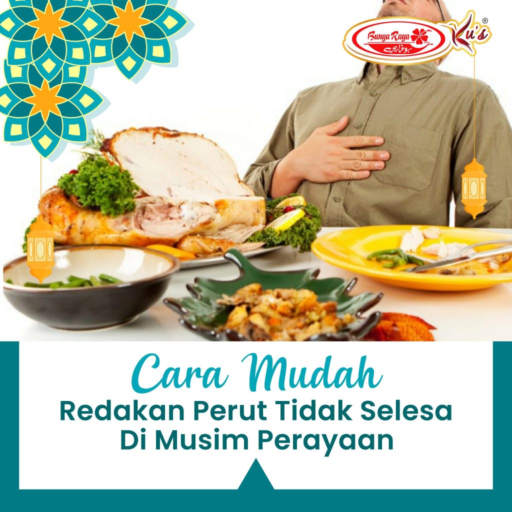 The image is decorative. this image have title "cara mudah redakan sakit perut semasa musim perayaan", then this picture also have image of one man holding his stomach and some picture of food inform of him.