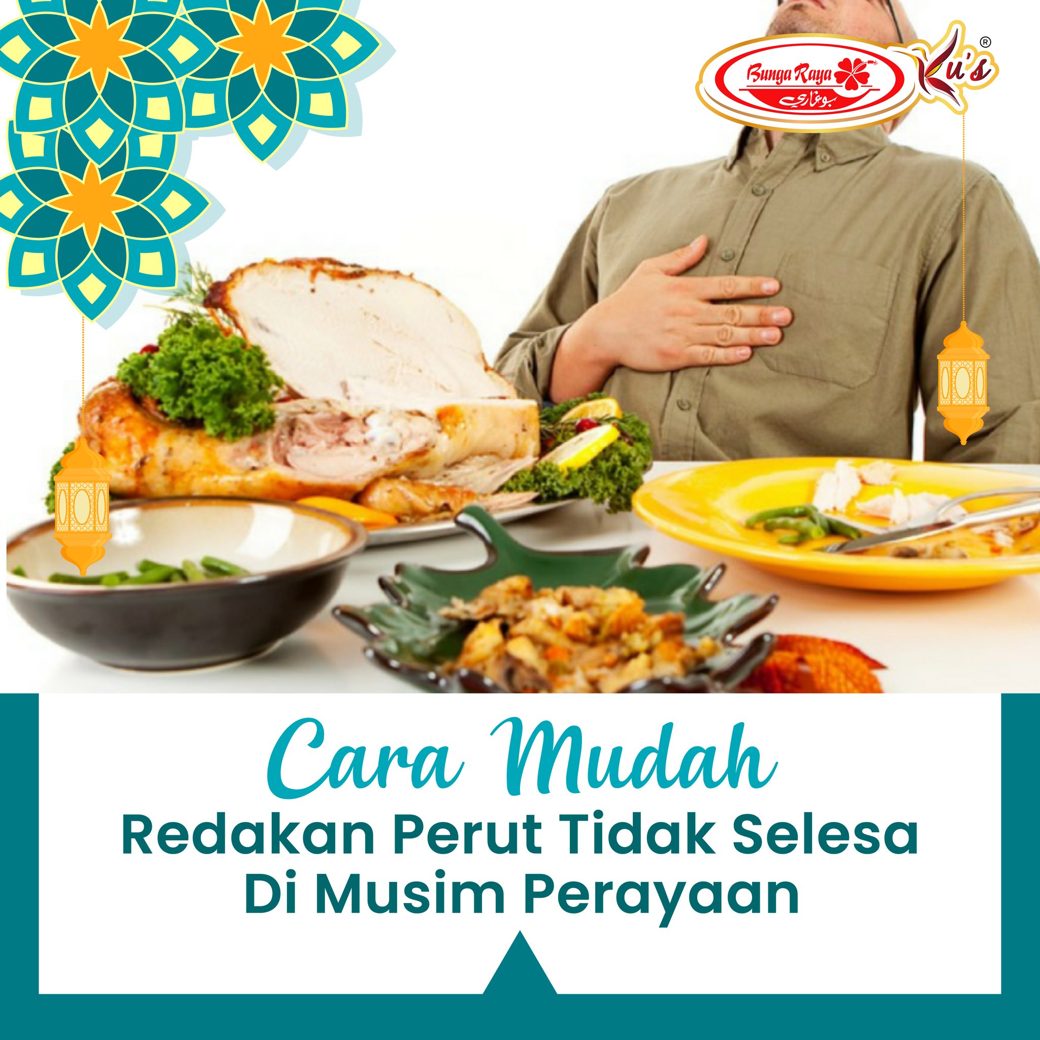 The image is decorative. this image have title "cara mudah redakan sakit perut semasa musim perayaan", then this picture also have image of one man holding his stomach and some picture of food inform of him.