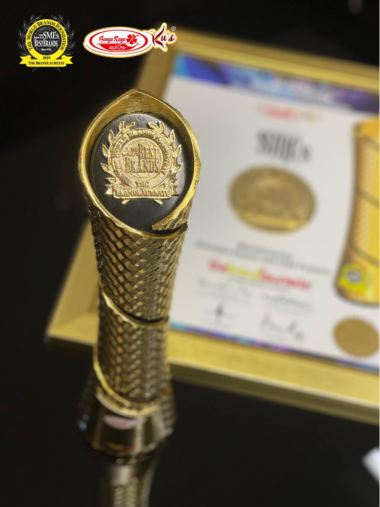 This image contains of one trophy and one frame of certificate of the award.