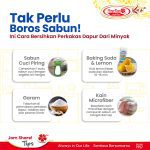this image contains information, it has 4 pciture and steps on how to avoid from being used too many soap to clean up dishes.