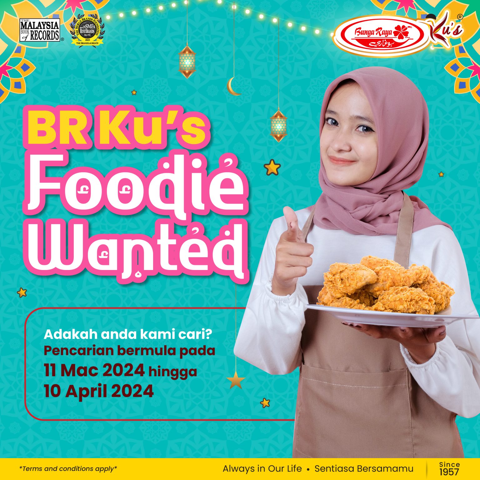 The image has an informative purpose such as title of foodies with picture of woman holding a plate of fried chicken